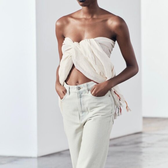 ZARA Women's Striped Fringed Linen Scarf(Ecru, Size:M) - Picture 2 of 8